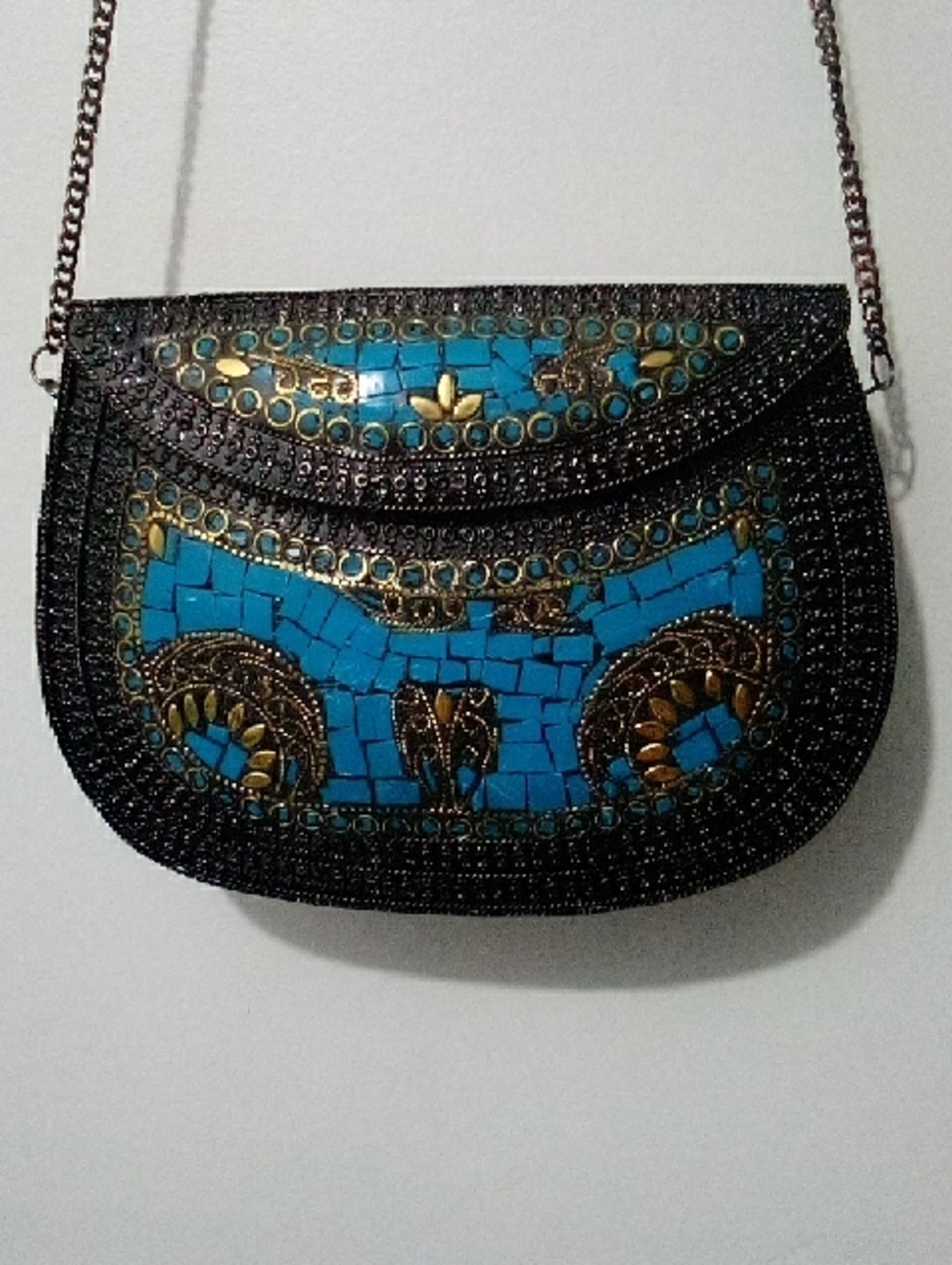 Metal Shoulder Bag with Turquoise Mosaic Detail